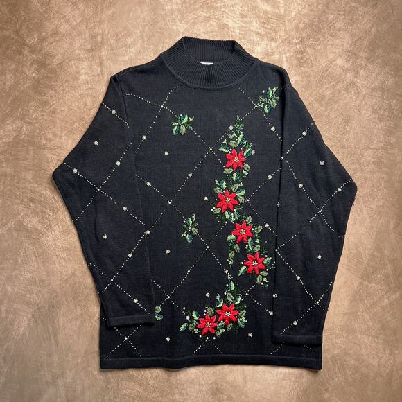 BP Design Vintage 80s Floral Embroidered Beaded Sweater Black Knit Women's XL - Picture 1 of 6